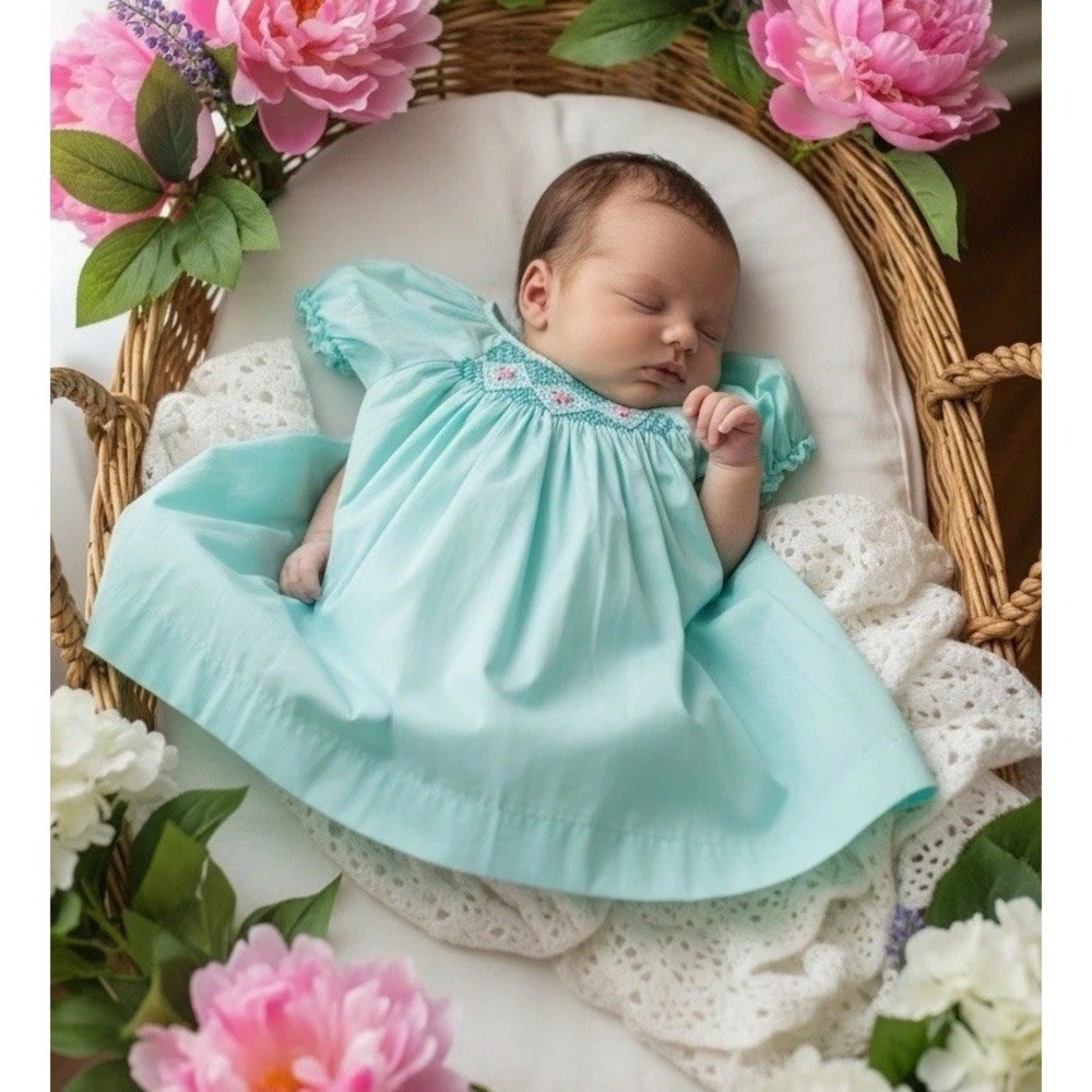 Smocked Light Green Pink Dress Size Newborn 0/3 One Of A Kind Church Baby Girl